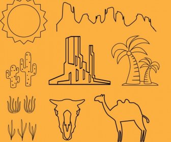 Desert Design Elements Outline Hand Drawn Flat Style