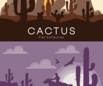 Пустынный пейзаж фона задает значок Кактус темный дизайн