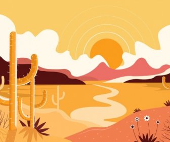 Desert Landscape Background Sun Cactus Icons Colored Classical