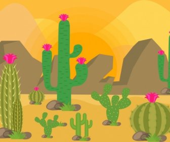 Desert Landscape Drawing Cactus Rock Icons Colored Cartoon