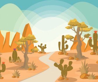 砂漠の風景描画色漫画デザイン サボテン アイコン