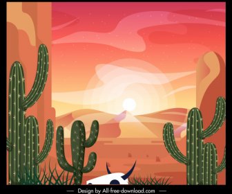 Gurun Lanskap Lukisan Kaktus Matahari Gundukan Sketsa