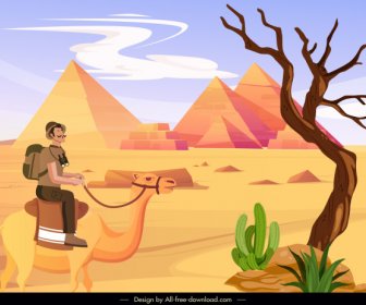 Desert Scene Painting Pyramid Camel Tourist Sketch