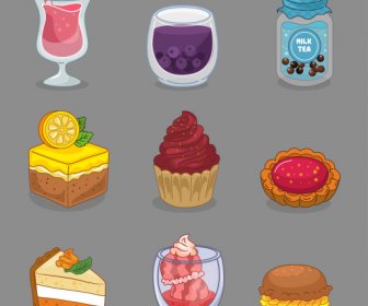 Dessert Icons Colored Retro Handdrawn Drink Cake Sketch