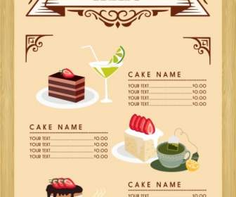 Dessert Menu Template Cake Beverages Icons Classical Design