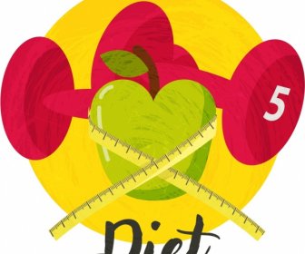 Diet Background Dumbbel Apple Ruler Icons 3d Design