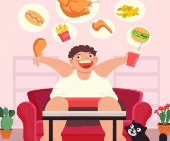 Diet Latar Belakang Pria Gemuk Makanan Cepat Saji Ikon