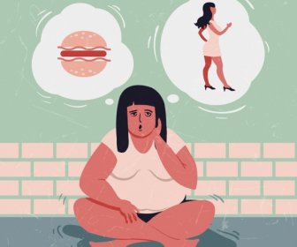 背景太った女性フード思考アイコンをダイエットします。