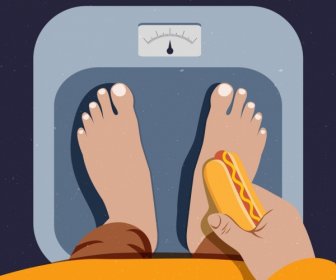 Концепция диета, рисование вес ног Хотдог значки