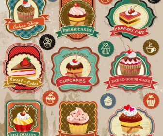 elemen-elemen berbeda cupcakes label vektor