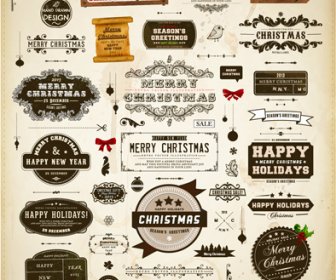Different Vintage Christmas Labels Elements Vector Set