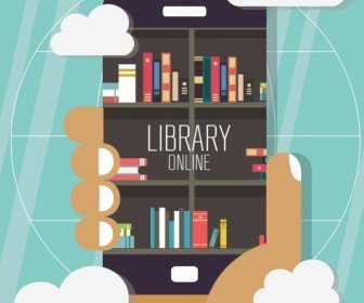 Digitale Bibliothek Hintergrund Smartphone Bücherregal Hand Wolken Symbole