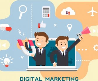 Digital Marketing Background Businessmen Laptop Media Elements Decor