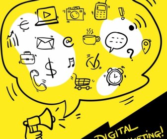 Digitales Marketing-Banner Handgezeichnete Sprechblasen-UI-Symbole