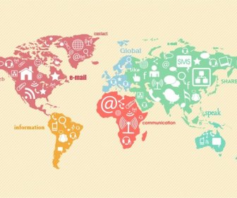 Digital Social Communication With Interfaces On Map Illustration