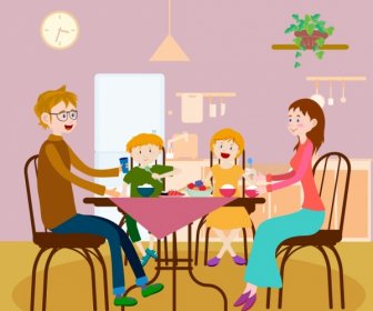 夕食の背景色付きの漫画の装飾の家族のアイコン