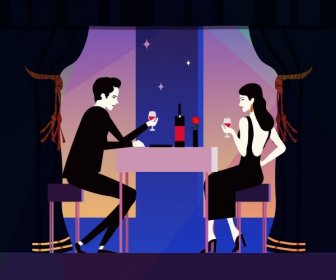 Makan Malam Latar Belakang Pasangan Romantis Ikon Kartun Berwarna
