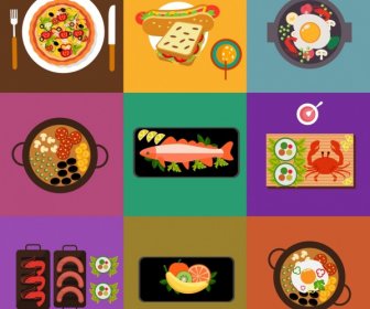 Abendessen-Küchen-Symbole, Die Verschiedene Flache Farbige Design