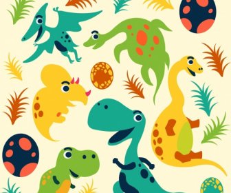 Dinosaur Background Cute Cartoon Icons Multicolored Sketch