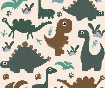 Piso De Diseño De Dibujos Animados De Colores De Fondo De Los Iconos De Dinosaurio