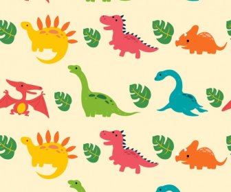 Dinosaurus Latar Belakang Warna-warni Datar Mengulangi Ikon