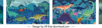 공룡 배경 템플릿 다채로운 만화 스케치 고전 디자인