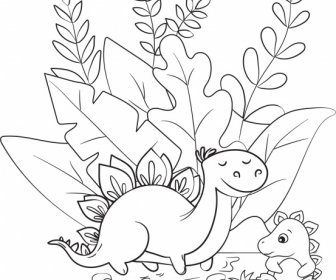 공룡 그리기 귀여운 검은 흰색 손으로 그린 만화 스케치