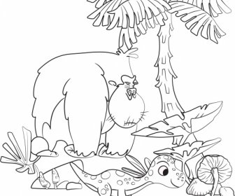 Dinosaurier Zeichnung Lustige Cartoon Skizze Schwarz Weiß Handgezeichnet