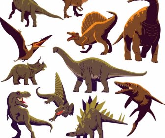Dinosaur Icons Collection Colored Cartoon Characters Sketch