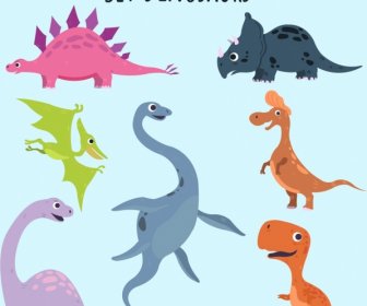 Dinosaur Icons Collection Cute Colored Cartoon Design