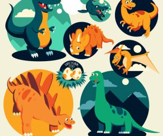 Dinosaur Icons Colored Cartoon Characters Sketch