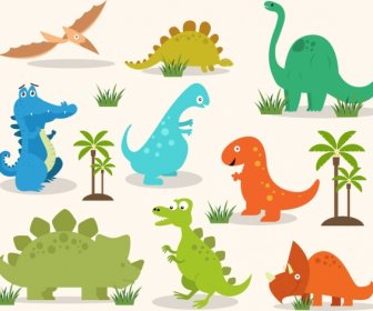 Dinosaur Icons Colored Design Colored Cartoon