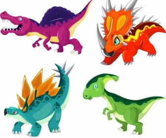 Icônes D’espèces De Dinosaures Croquis De Personnages De Dessins Animés Colorés