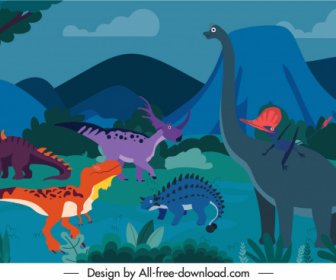 ไดโนเสาร์พื้นหลังแม่แบบการ์ตูนร่างการออกแบบคลาสสิกที่มีสีสัน