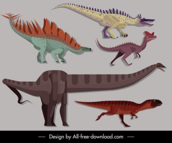 Dinosaures Créatures Icônes Colorées Croquis De Dessin Animé De Conception Classique