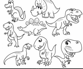 Dinosaurier-Arten-Ikonen Schwarz Weiß HandgezeichnetCartoon-Skizze