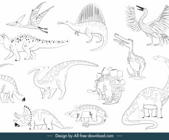 Dinosauri Specie Icone Nero Bianco Disegnato Schizzo