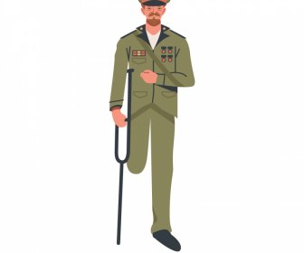 Desactivar El Icono Del Ex Militar Hombre Herido Con Muleta Boceto De Dibujos Animados