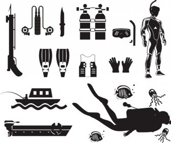 Diving Icons Sets With Silhouettes Design