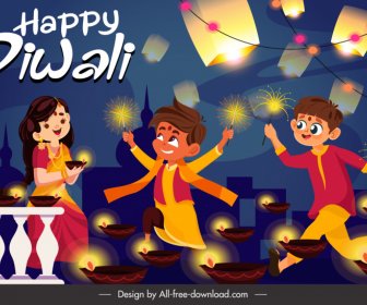 Diwali Festivali Afişi Neşeli Insanlar Parlayan ışıklar Eskiz