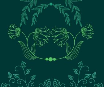 document decor design elements green leaves handdrawn sketch