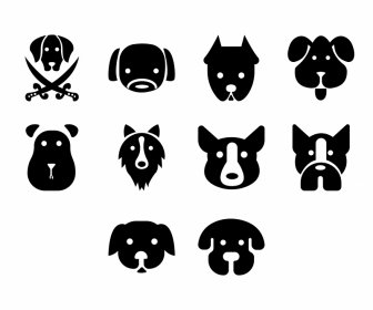 Dog Icon Sets Flat Black White Faces Outline