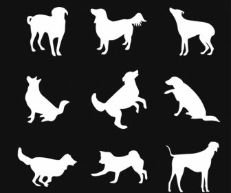 Dog Icons Collection White Silhouettes Design