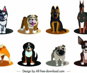 Dog Species Icons Cute Colored Cartoon Design