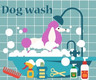 Dog Wash Productos Elementos De Diseño Colorido Estilo De Dibujos Animados