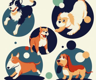 Dogs Species Icons Cute Cartoon Characters Sketch