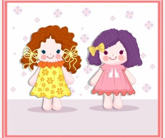 Dolls Background Cute Girl Icon Colorful Flat Design