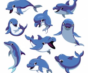 Dolphin Icons Funny Cartoon Design Motion Sketch