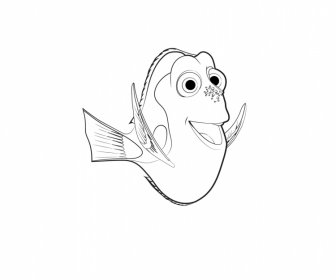Dori Findet Nemo Fisch Ikone Niedlich Schwarz Weiß Handgezeichneter Cartoon-Umriss