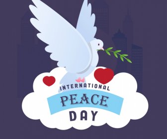 Barış Günü Güvercin Afiş şablonu Düz Güvercin Bulut Kalpler Taslak